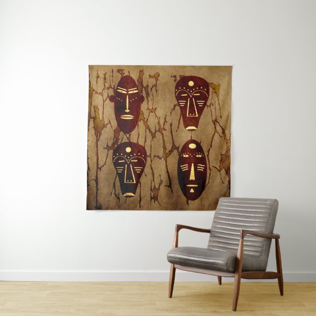 Abstract Vintage African tribal face art drawing Tapestry (In Situ)