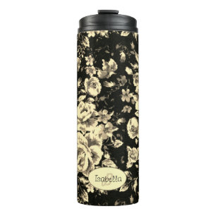Abstract vintage floral sparkle glass monogram thermal tumbler