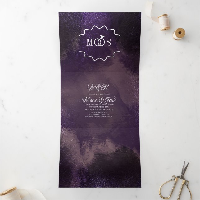 Abstract Violet Black Glam Brush Strokes Wedding Tri-Fold Invitation (Inside)