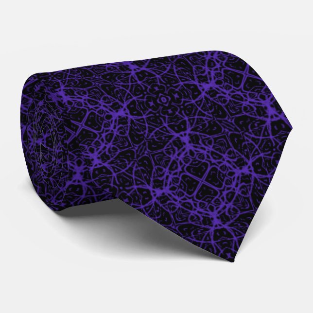 Abstract Violet Purple Raked Line Pattern On Black Tie (Rolled)