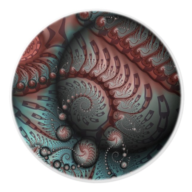 Abstract Vivid Fantasy Fractal Art Brown Blue Ceramic Knob (Front)