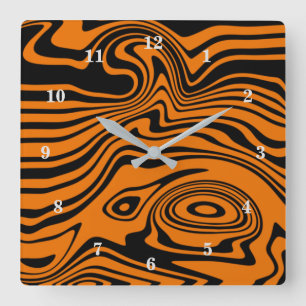 Abstract Warped Black & Orange Lines -Customisable Square Wall Clock
