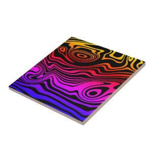 Abstract Warped Black & Rainbow Colour Lines Ceramic Tile