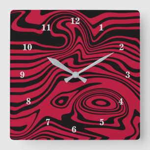 Abstract Warped Black & Red Lines - Customisable Square Wall Clock
