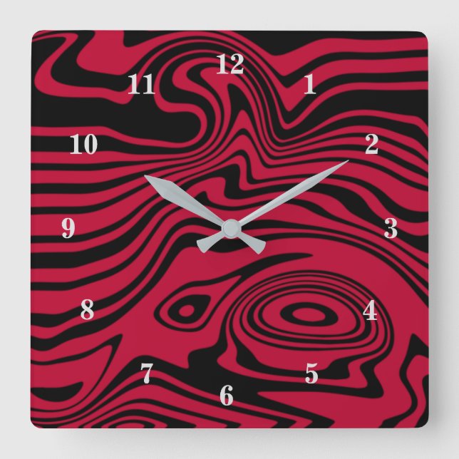 Abstract Warped Black & Red Lines - Customisable Square Wall Clock (Front)