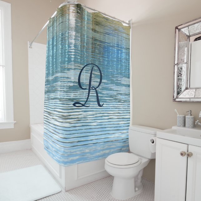Abstract Water Reflection with Blue Monogram Shower Curtain (In Situ)
