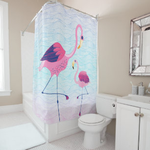 Abstract Water Waves With Pink Flamingos Shower Curtain