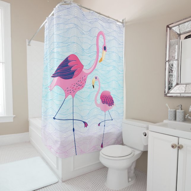 Abstract Water Waves With Pink Flamingos Shower Curtain (In Situ)
