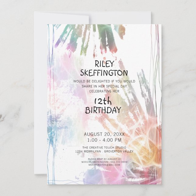 Abstract Watercolor 12th Birthday Creative Splash Invitation (Front)
