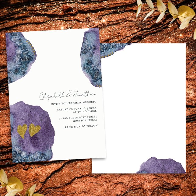 Abstract Watercolor Art Gold Navy Purple Wedding Invitation (Front/Back)