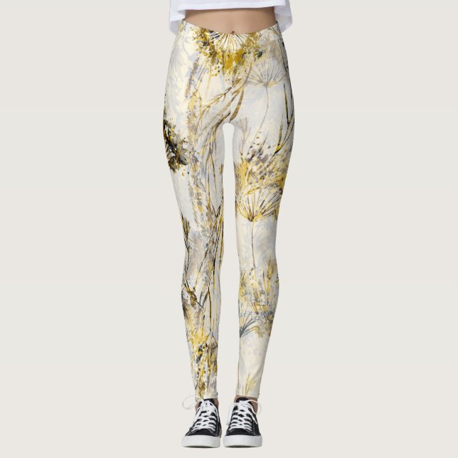 Abstract watercolor background: dandelion, juniper leggings (Front)