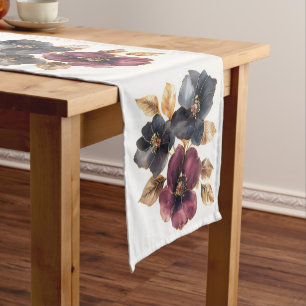 Abstract watercolor black gold & burgundy flowers short table runner