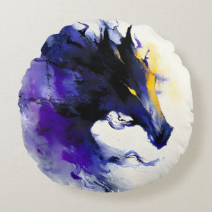 Abstract Watercolor Black Horse Portrait Round Cushion