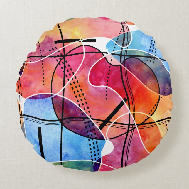 Abstract Watercolor Black White Pattern Round Cushion (Front)