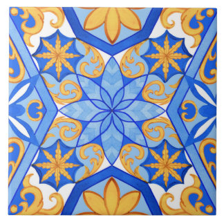 Abstract Watercolor Blue and Gold Geometric Shapes Ceramic Tile