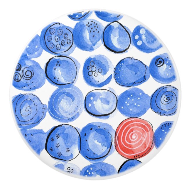 Abstract Watercolor Blue Dots Ceramic Knob (Front)