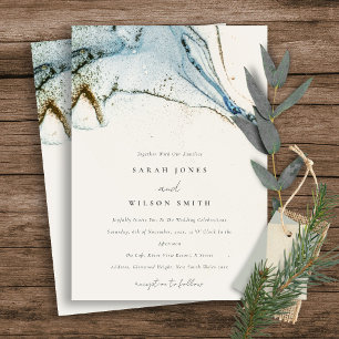Abstract Watercolor Blue Gold Beachy Wedding Invitation