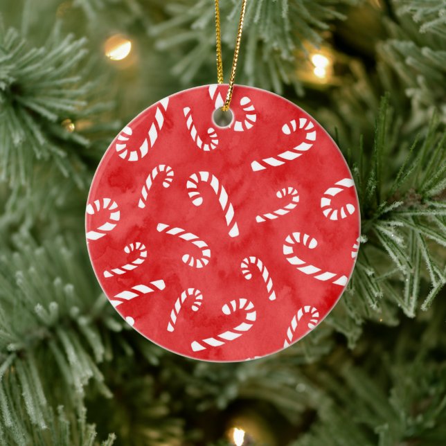 Abstract Watercolor Candy Cane Pattern Ceramic Ornament (Tree)