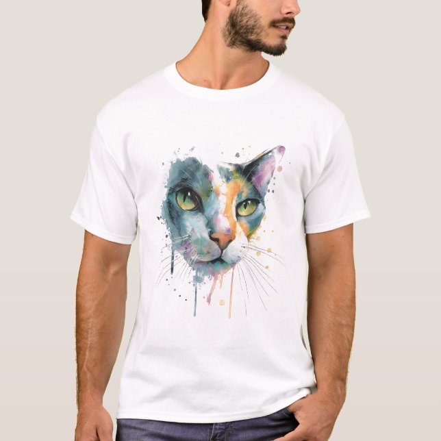 Abstract Watercolor Cat Face Colorful Art. T-Shirt (Front)