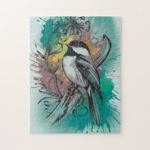 Abstract Watercolor Chickadee - Teal Jigsaw Puzzle