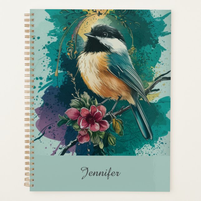 Abstract Watercolor Chickadee - Teal Planner (Front)