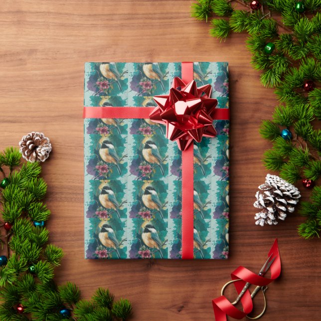 Abstract Watercolor Chickadee - Teal Wrapping Paper (Holiday Gift)