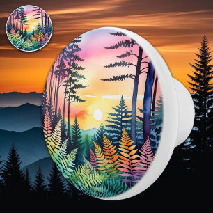 Abstract Watercolor Colorful Ferns at Sunset Ceramic Knob