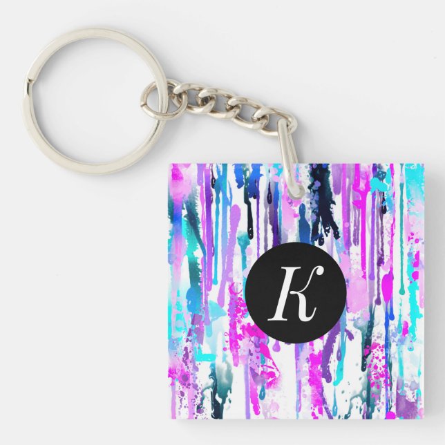 Abstract Watercolor Drips Blue Turquoise Pink Key Ring (Front)