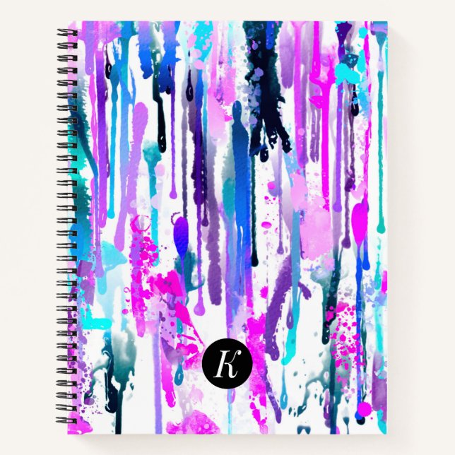 Abstract Watercolor Drips Blue Turquoise Pink Notebook (Front)