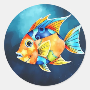 Abstract Watercolor Fish with Bold Geometric Classic Round Sticker