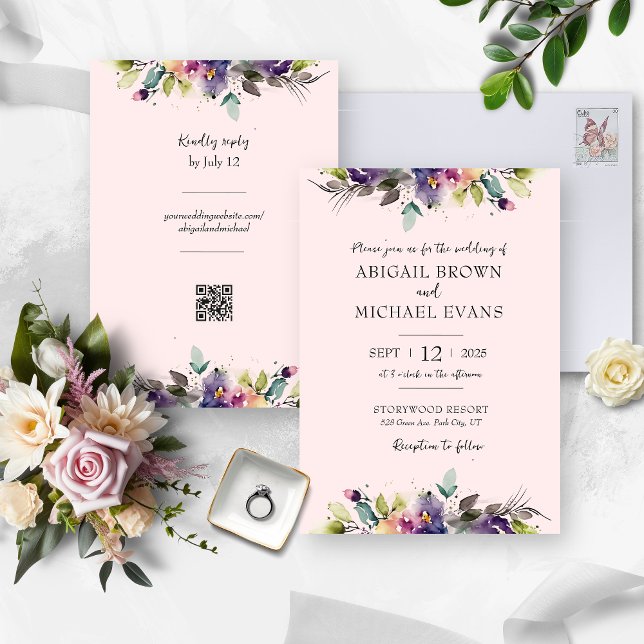 Abstract Watercolor Floral Wedding Invitation (Watercolor Pink Floral Wedding Invitation & RSVP)