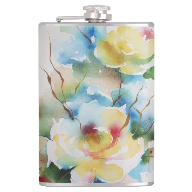 Abstract watercolor flowers hip flask (Front)