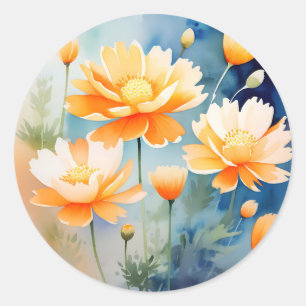 Abstract Watercolor Flowers in Orange Hues Classic Round Sticker