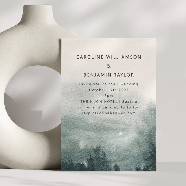 Abstract Watercolor Forest Green Landscape Wedding Invitation (Creator Uploaded)