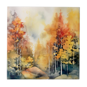 Abstract Watercolor Forest in Amber Blue Landscape Ceramic Tile