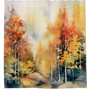 Abstract Watercolor Forest in Amber Blue Landscape Shower Curtain