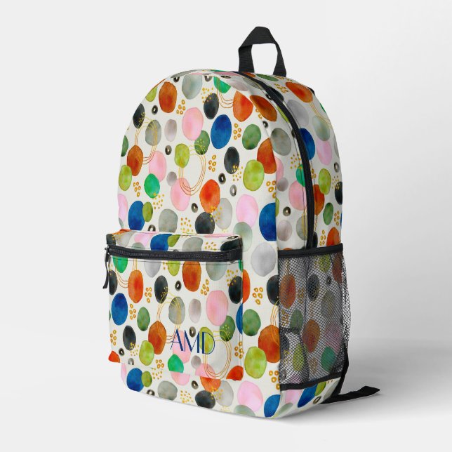 Abstract Watercolor Gold Glitter Art + Monogram Printed Backpack (Back Corner Right)