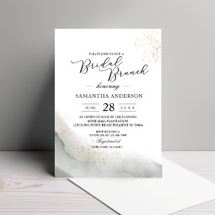 Abstract Watercolor Green Brush Strokes & Gold  Invitation