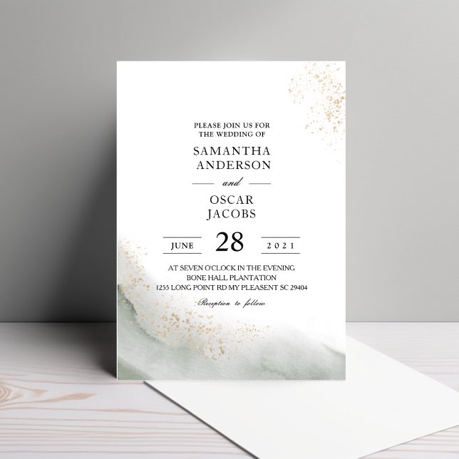 Abstract Watercolor Green Brush Strokes & Gold  Invitation (Creator Uploaded)
