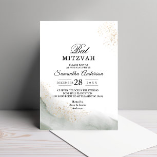 Abstract Watercolor Green Brush Strokes & Gold Invitation