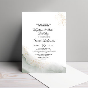 Abstract Watercolor Green Brush Strokes & Gold  Invitation