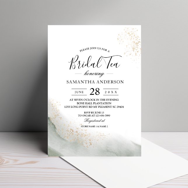 Abstract Watercolor Green Brush Strokes & Gold  Invitation (Creator Uploaded)