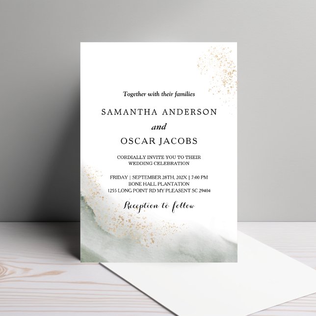 Abstract Watercolor Green Brush Strokes & Gold  Invitation (Creator Uploaded)