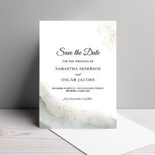 Abstract Watercolor Green Brush Strokes & Gold Save The Date