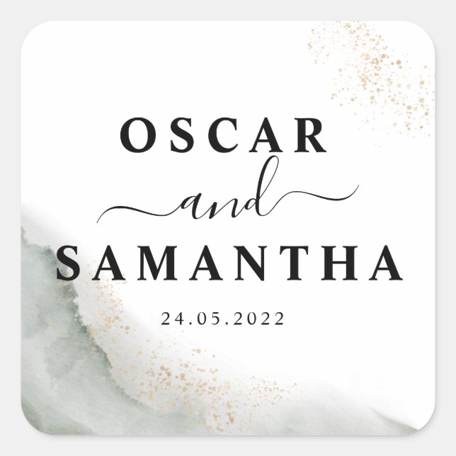 Abstract Watercolor Green Brush Strokes & Gold  Square Sticker (Front)