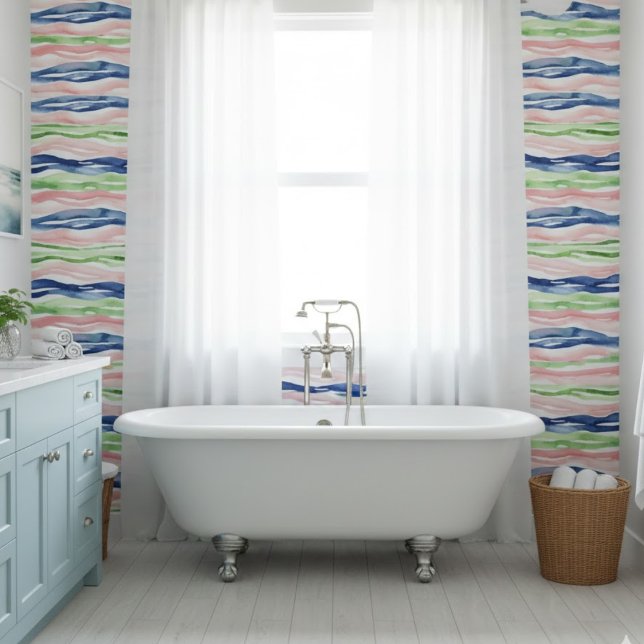 Abstract Watercolor Green Pink Blue Wave Stripes Ceramic Tile (Creator Uploaded)