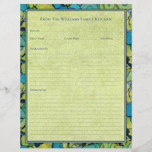 Abstract Watercolor Green Teal Recipe Paper Sheet