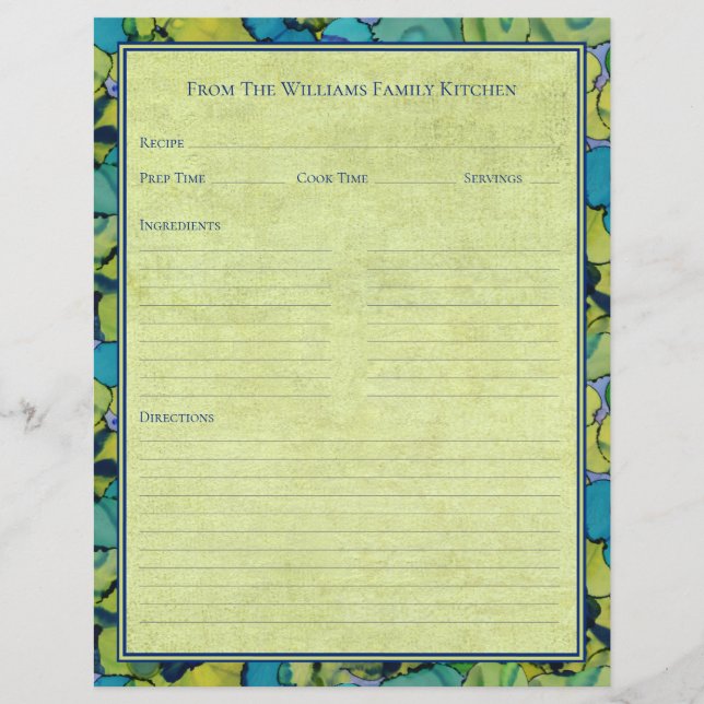 Abstract Watercolor Green Teal Recipe Paper Sheet (Front)