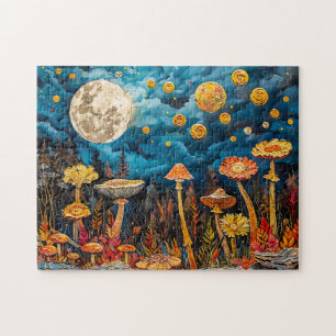 Abstract watercolor illustration of full moon over jigsaw puzzle