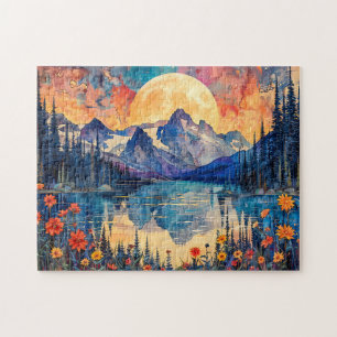 Abstract watercolor illustration of full moon over jigsaw puzzle